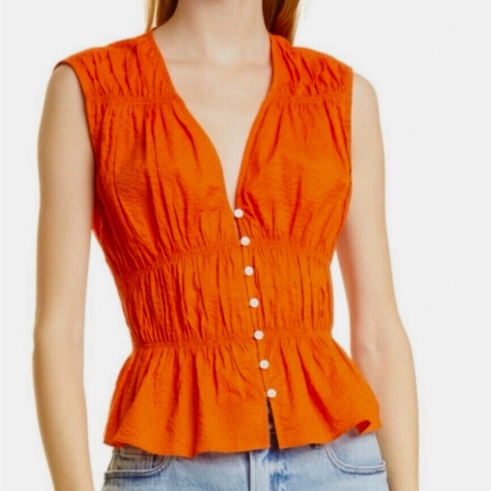 Frame Denim Orange Crush Ruched Sleeveless Blouse